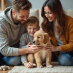 Famille heureuse avec chiot golden retriever dans le salon