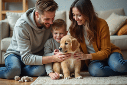 Famille heureuse avec chiot golden retriever dans le salon