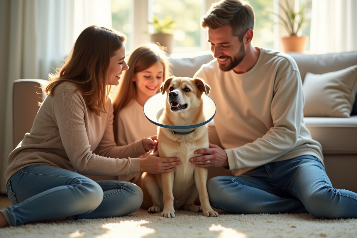 Famille réconfortant leur chien avec un collier médical dans le salon