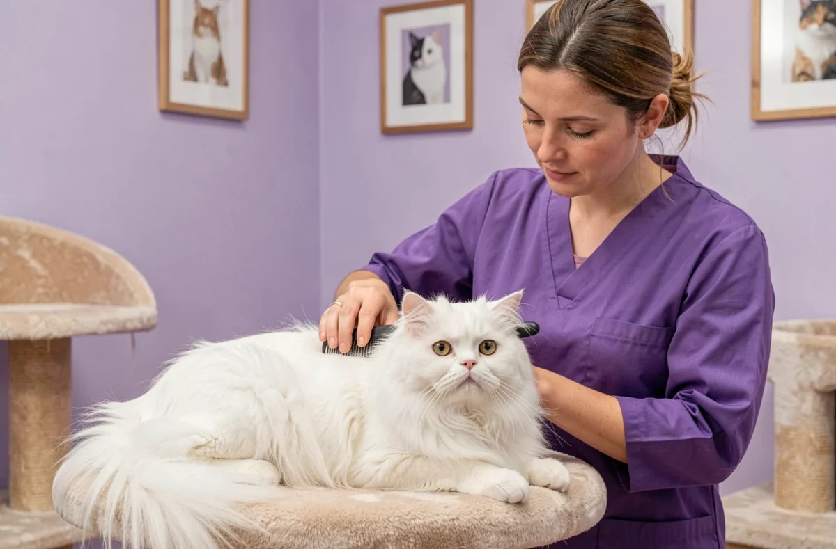 Salon Félin pour l'Autre en Gironde avec une spécialiste peignant un chat persan blanc
