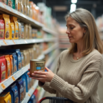Femme examinant des aliments pour chat en magasin