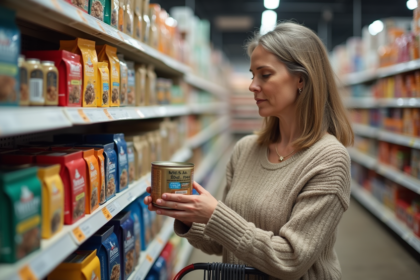 Femme examinant des aliments pour chat en magasin