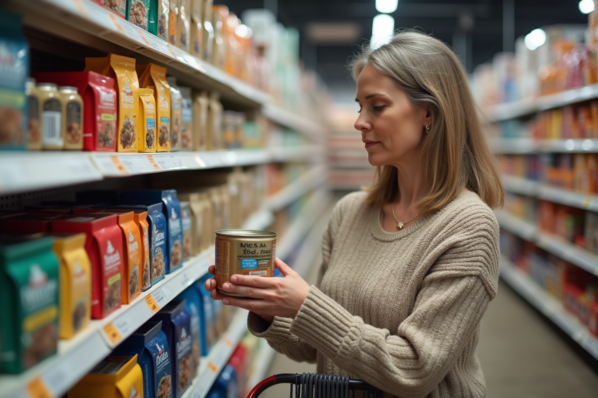 Femme examinant des aliments pour chat en magasin