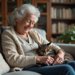 Femme agee souriante caressant un chat gris sur ses genoux