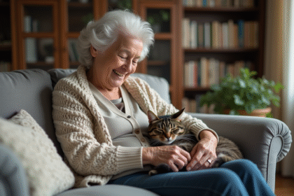 Femme agee souriante caressant un chat gris sur ses genoux