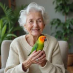 Femme agee tenant un perruche kakariki dans un salon chaleureux