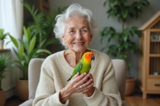 Femme agee tenant un perruche kakariki dans un salon chaleureux