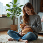 Jeune femme avec chat dans un intérieur moderne