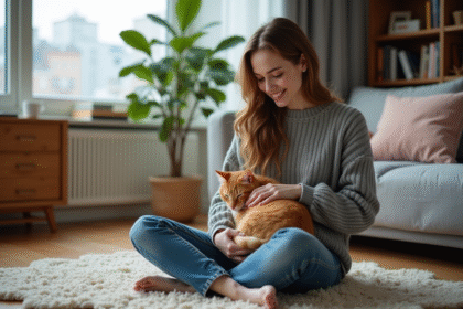 Jeune femme avec chat dans un intérieur moderne