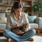 Femme caressant son chat tabby dans un salon cosy