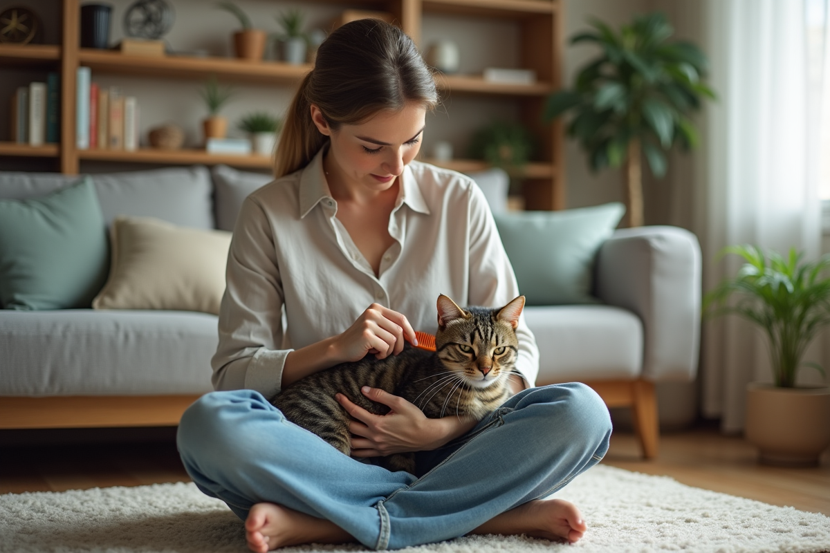 Femme caressant son chat tabby dans un salon cosy