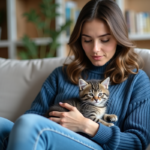 Jeune femme avec chaton gris dans un salon lumineux