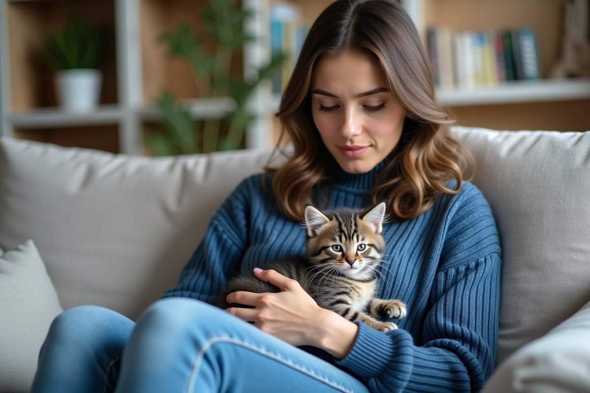 Jeune femme avec chaton gris dans un salon lumineux