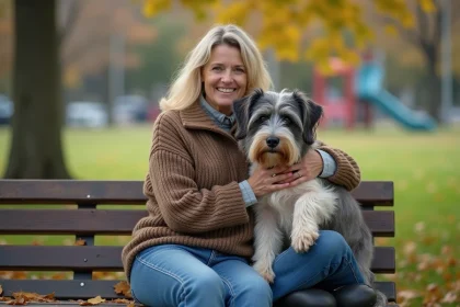 Femme avec chien au parc dans un cadre naturel