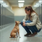 Femme avec un chiot bull terrier dans un refuge animalier