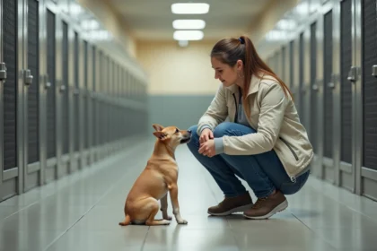 Femme avec un chiot bull terrier dans un refuge animalier