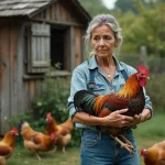 Femme d'âge moyen tenant un coq mature dans ses bras