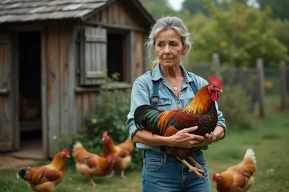 Femme d'âge moyen tenant un coq mature dans ses bras