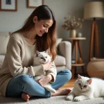 Jeune femme avec un chat Sacré de Birmanie dans un intérieur élégant