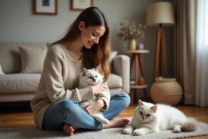 Jeune femme avec un chat Sacré de Birmanie dans un intérieur élégant