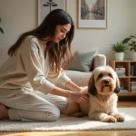 Jeune femme avec chien longhair Tequel dans un salon chaleureux