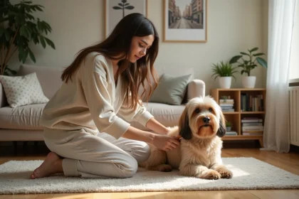 Jeune femme avec chien longhair Tequel dans un salon chaleureux