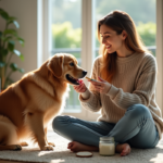 Femme brossant les dents d'un golden retriever dans un salon lumineux