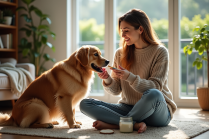 Femme brossant les dents d'un golden retriever dans un salon lumineux