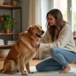 Jeune femme caressant un chien dans un salon chaleureux