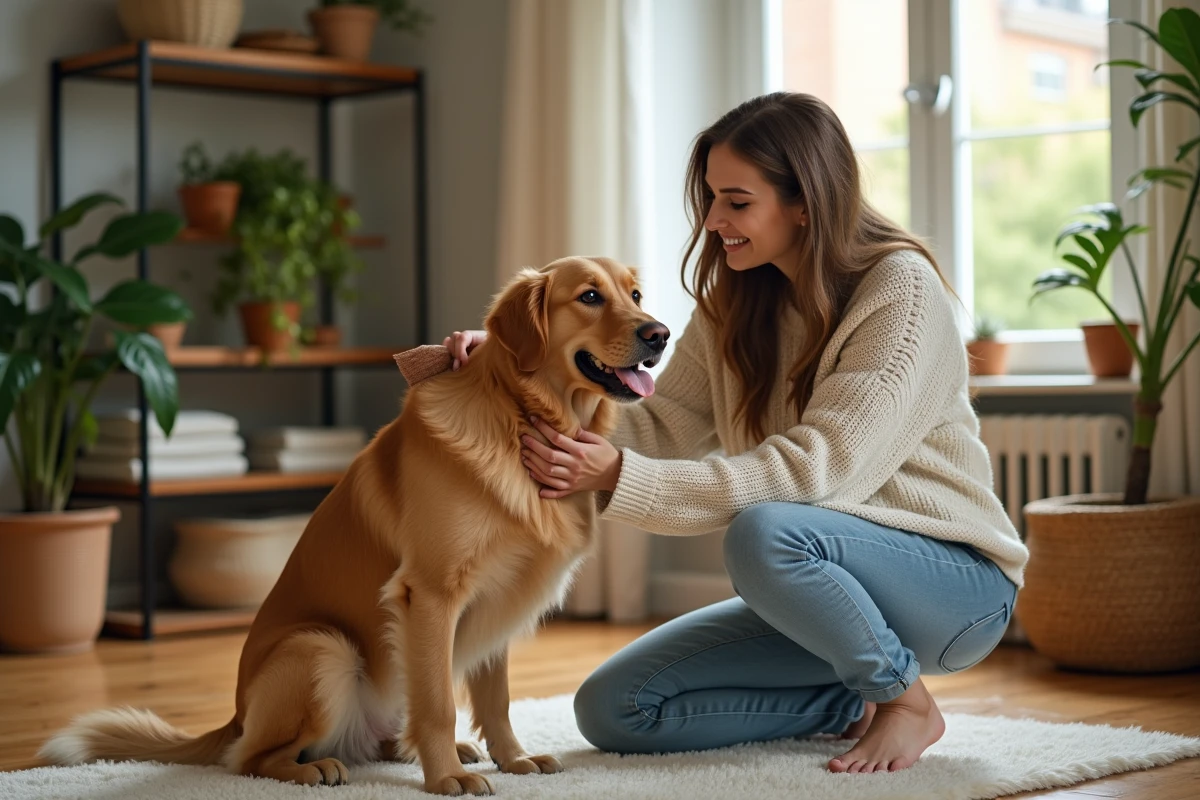 Jeune femme caressant un chien dans un salon chaleureux