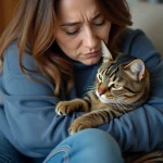 Femme inquiète avec un chat à la dilatation pupillaire