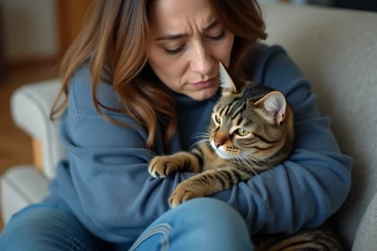 Femme inquiète avec un chat à la dilatation pupillaire