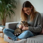 Femme calme avec chat dans un salon moderne