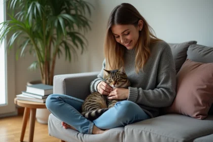 Femme calme avec chat dans un salon moderne
