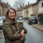 Femme caressant un chat tacheté dans une rue calme