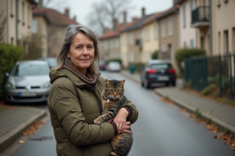 Femme caressant un chat tacheté dans une rue calme