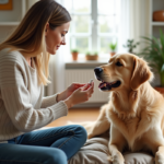 Femme donne un médicament à son chien dans un salon lumineux