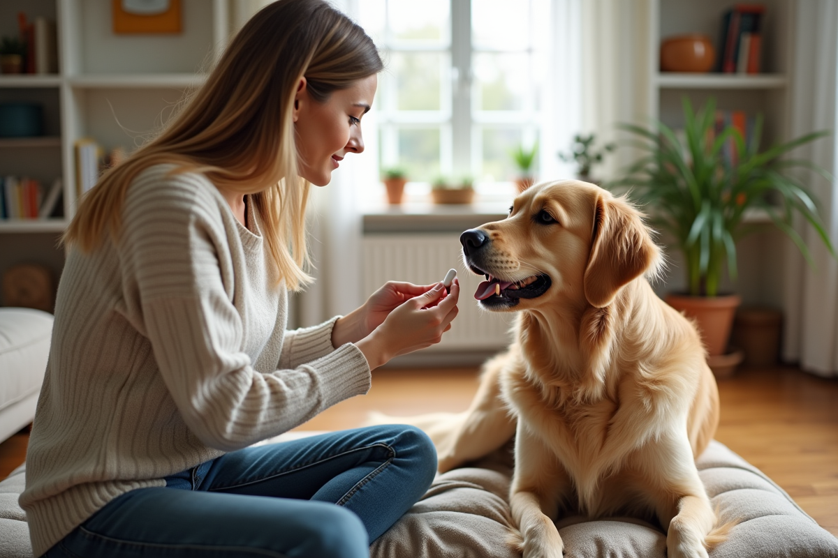 Femme donne un médicament à son chien dans un salon lumineux
