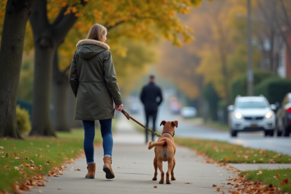 Femme avec chien sur un trottoir bordé d'arbres