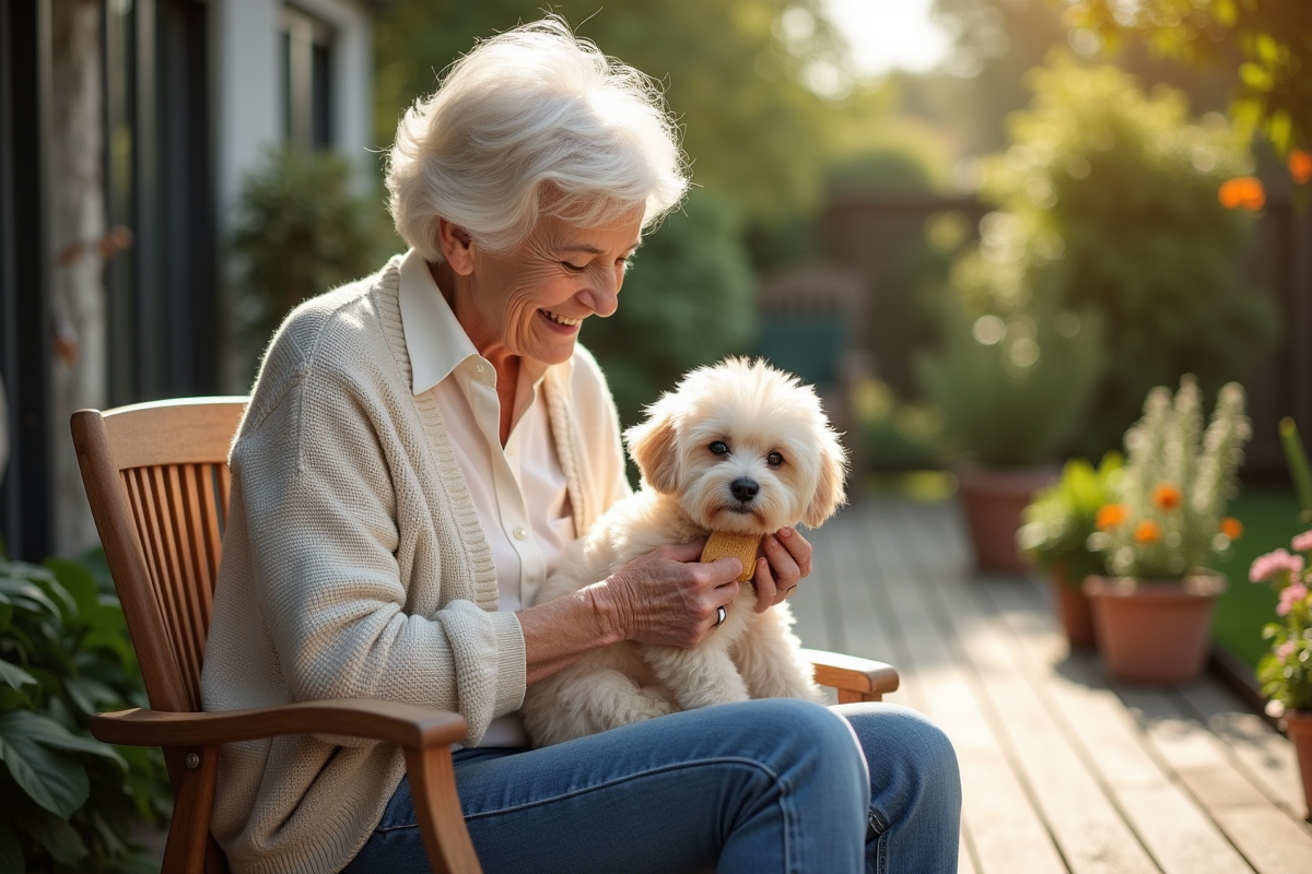 Femme âgée caressant son chiot bichon frise dans le jardin