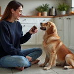 Jeune femme avec chien et chocolat dans une cuisine moderne