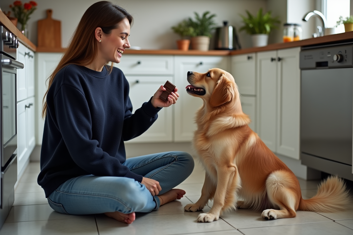 Jeune femme avec chien et chocolat dans une cuisine moderne