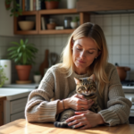 Femme assise avec un chat sur ses genoux dans une cuisine chaleureuse