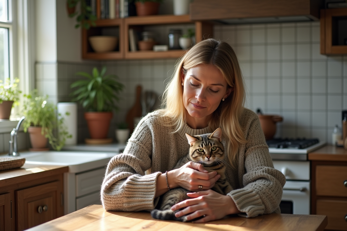 Femme assise avec un chat sur ses genoux dans une cuisine chaleureuse