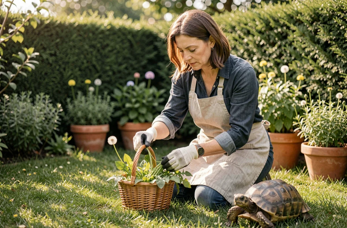 Femme jardinière récoltant des pissenlits et du plantain pour nourrir sa tortue dans son jardin
