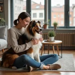 Jeune femme caressant un grand chien à la maison