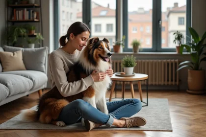 Jeune femme caressant un grand chien à la maison
