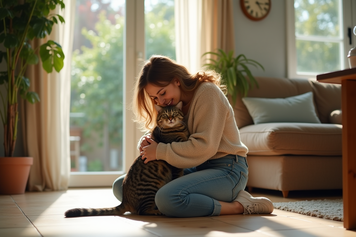 Femme embrassant son chat dans un salon ensoleille