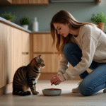Jeune femme donnant à manger à son chat dans la cuisine