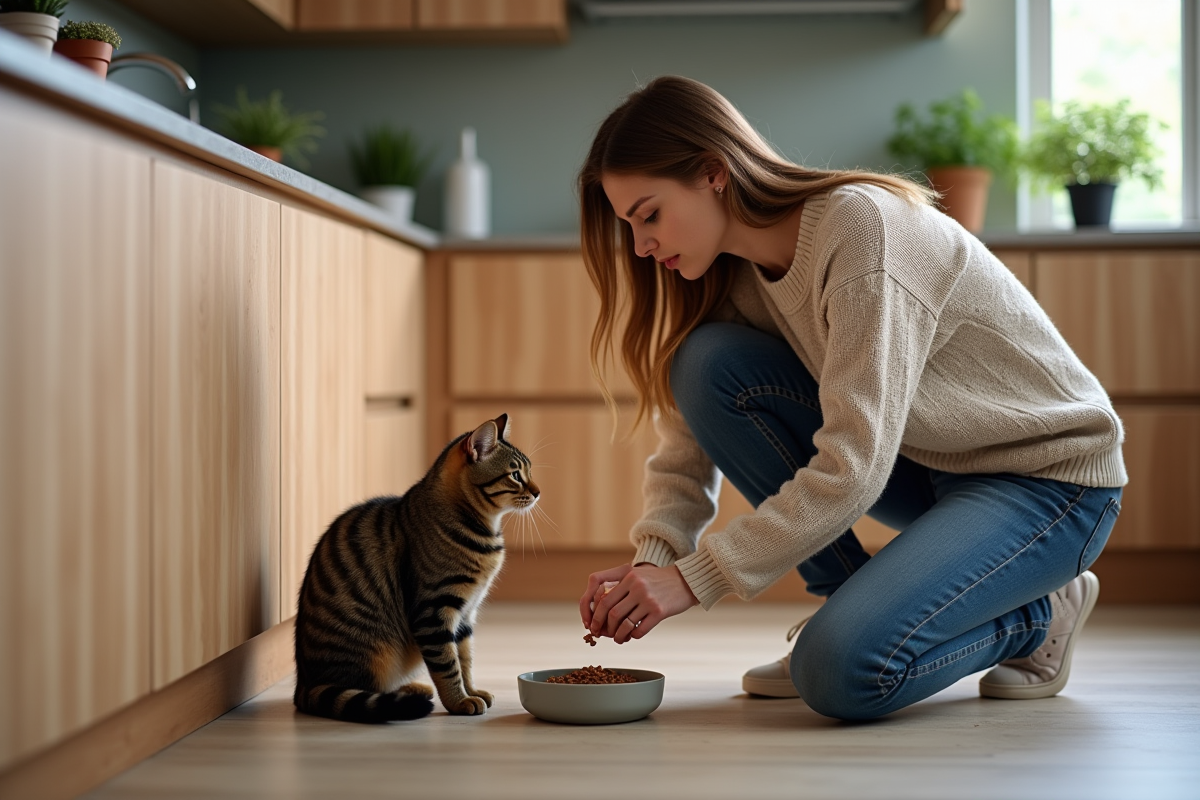 Jeune femme donnant à manger à son chat dans la cuisine